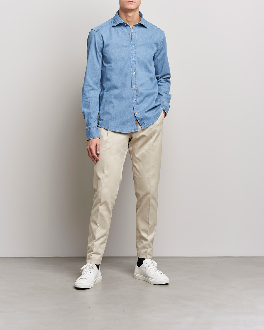 Uomini | Camicie | Stenströms | Slimline Garment Washed Shirt Light Denim