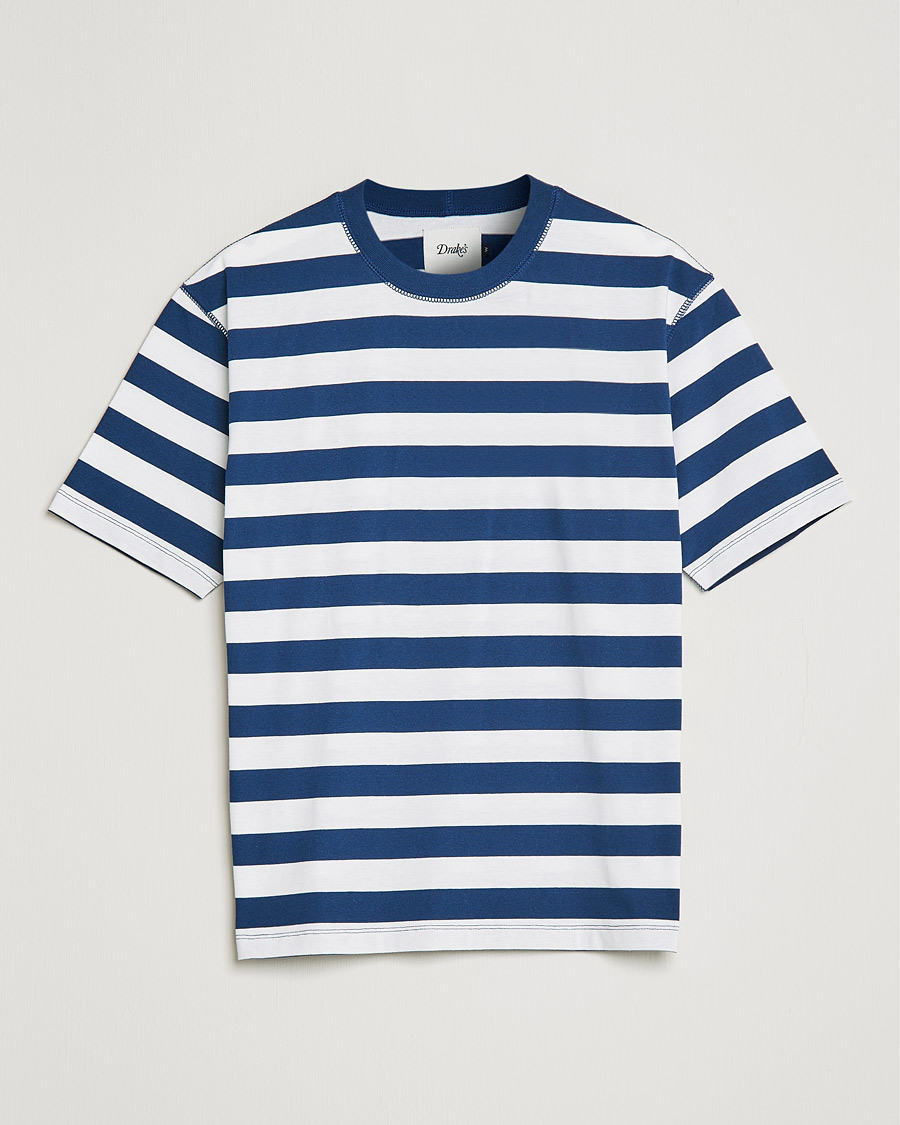Uomini | T-shirt | Drake's | Striped Cotton Hiking Tee White/Navy