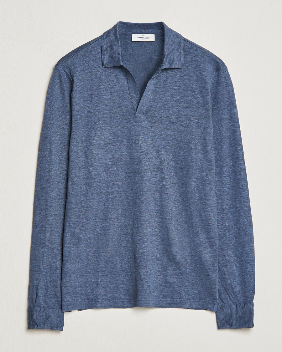 Uomini | Maglieria | Gran Sasso | Washed Linen Long Sleeve Polo Blue Melange