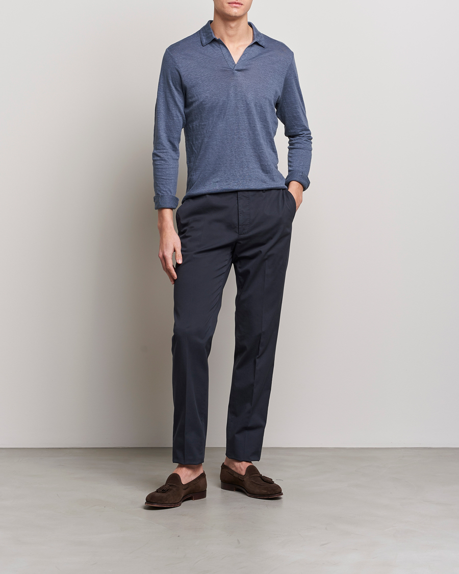 Uomini | Maglieria | Gran Sasso | Washed Linen Long Sleeve Polo Blue Melange