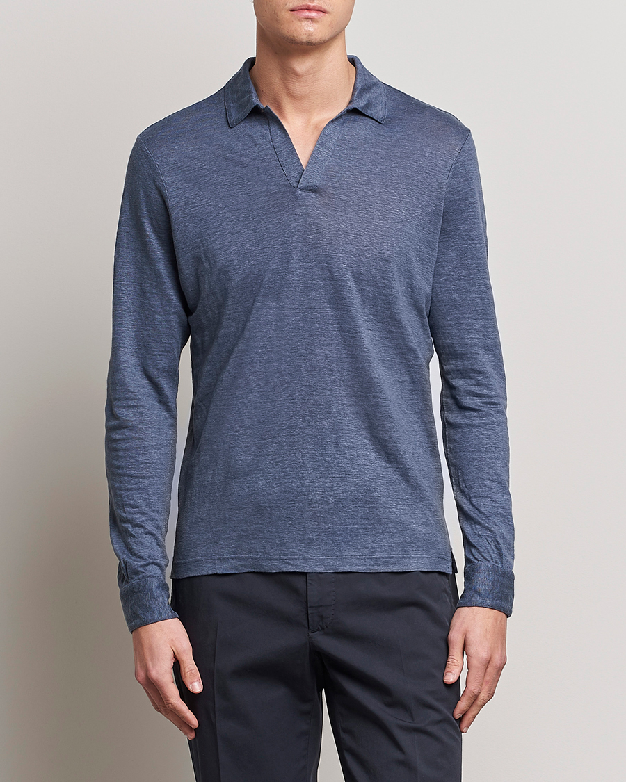 Uomini | Maglieria | Gran Sasso | Washed Linen Long Sleeve Polo Blue Melange