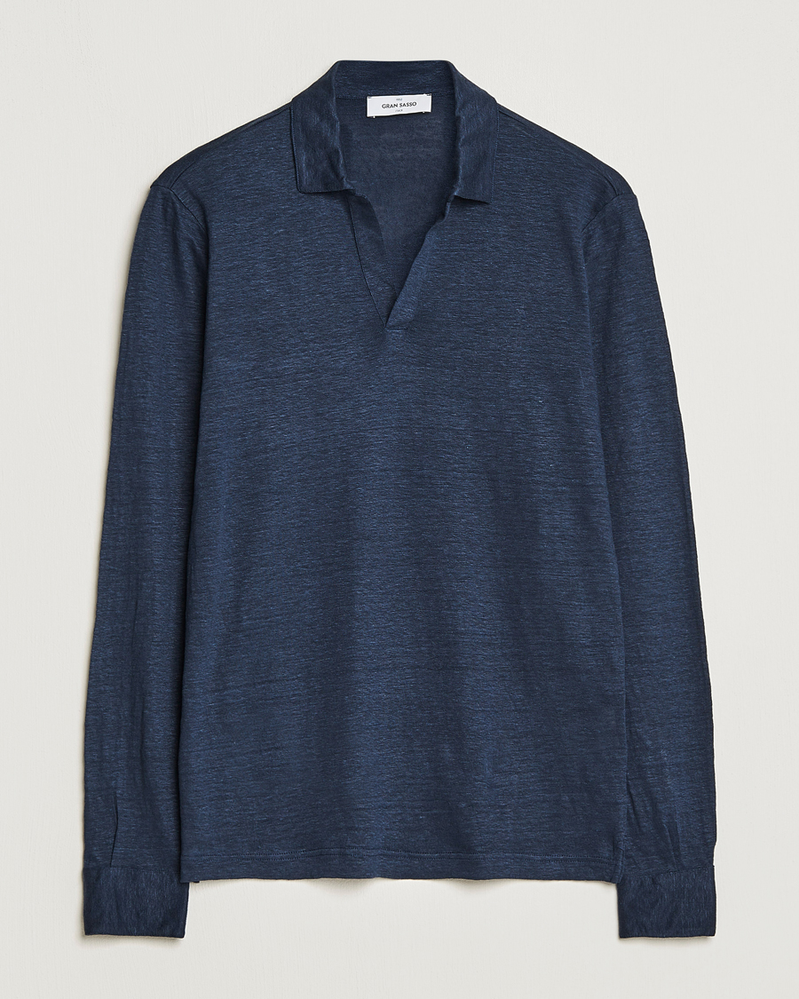 Uomini | Polo | Gran Sasso | Washed Linen Long Sleeve Polo Navy Melange