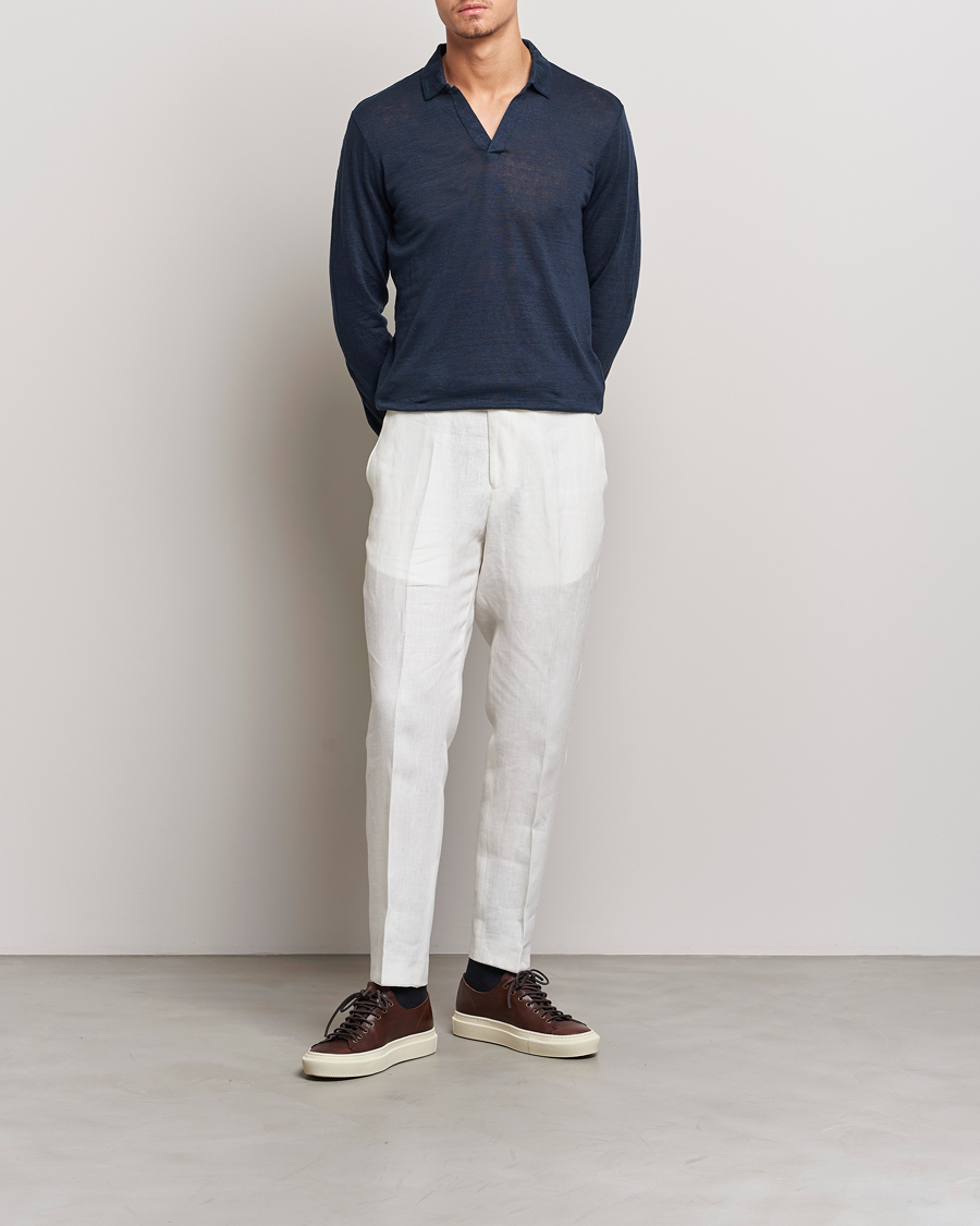 Uomini | Polo | Gran Sasso | Washed Linen Long Sleeve Polo Navy Melange