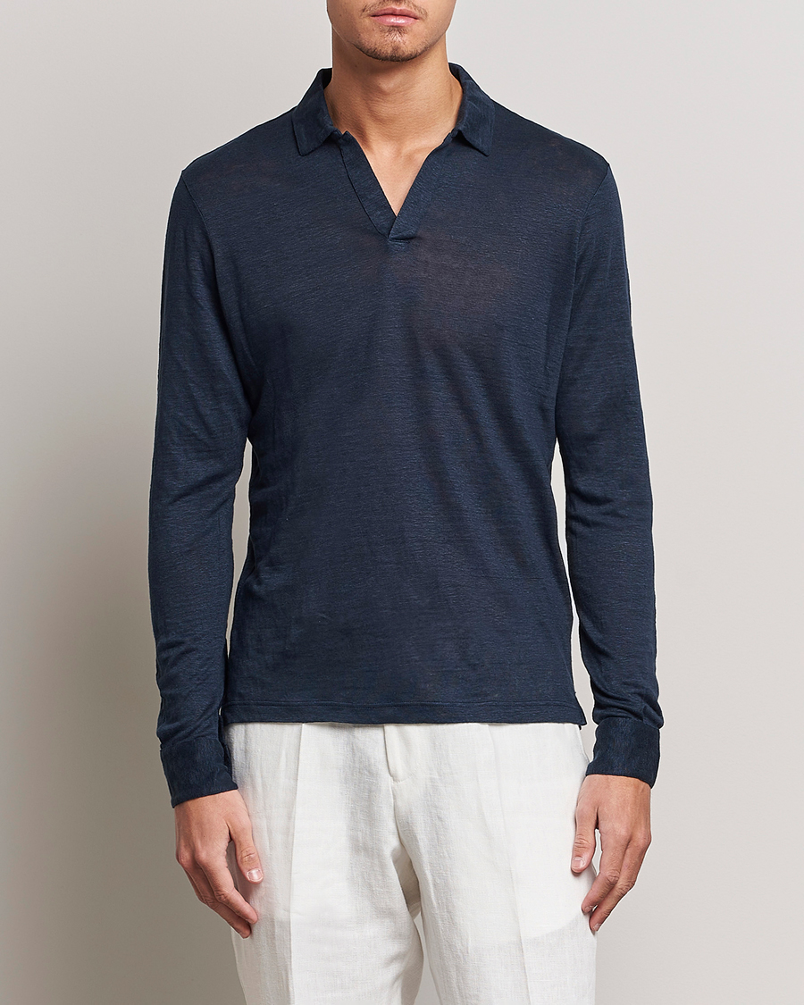 Uomini | Polo | Gran Sasso | Washed Linen Long Sleeve Polo Navy Melange