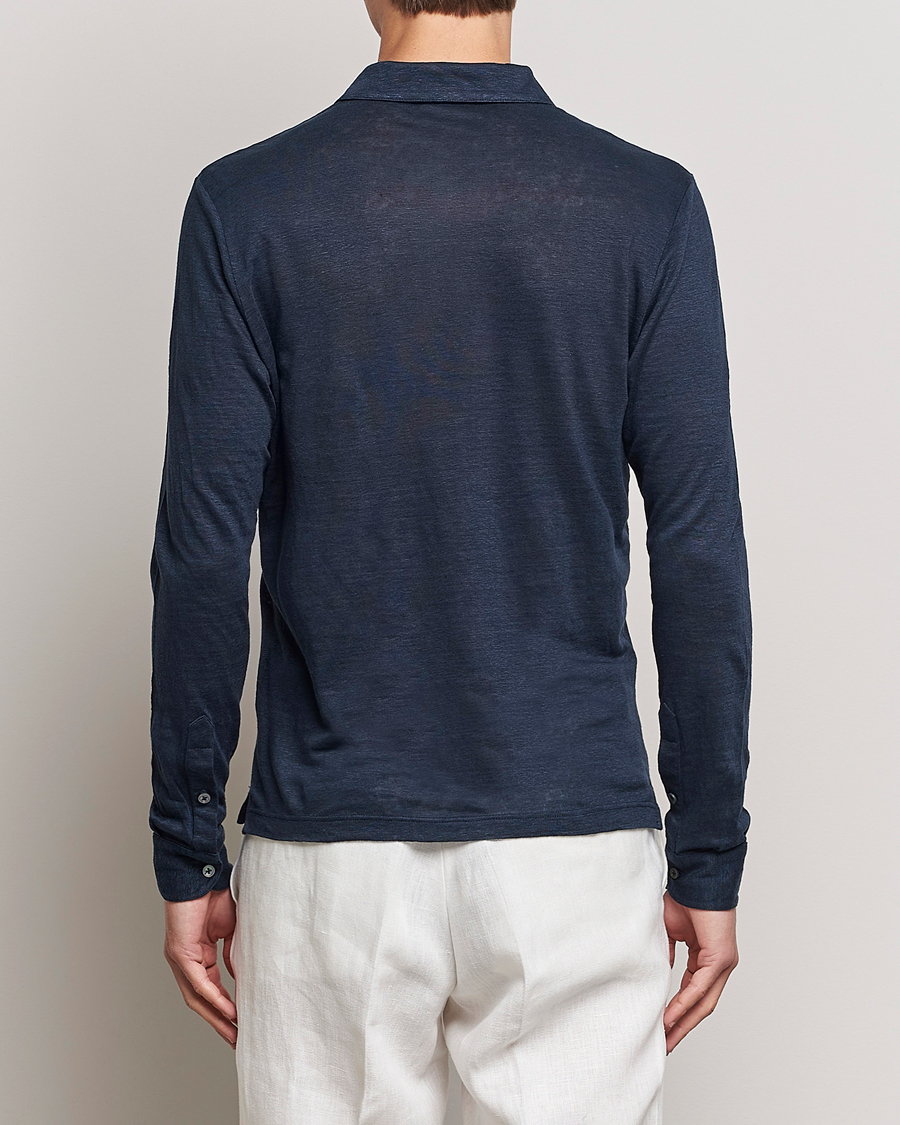 Uomini | Polo | Gran Sasso | Washed Linen Long Sleeve Polo Navy Melange