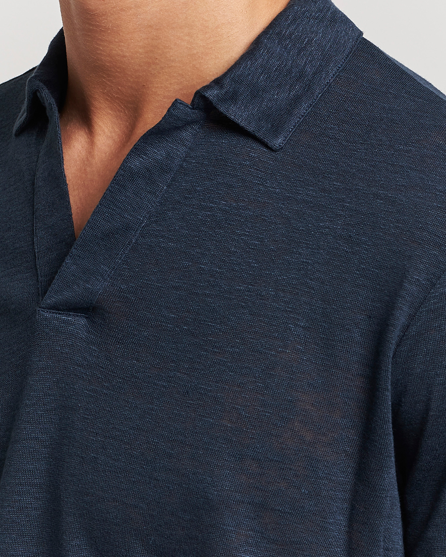 Uomini | Polo | Gran Sasso | Washed Linen Long Sleeve Polo Navy Melange
