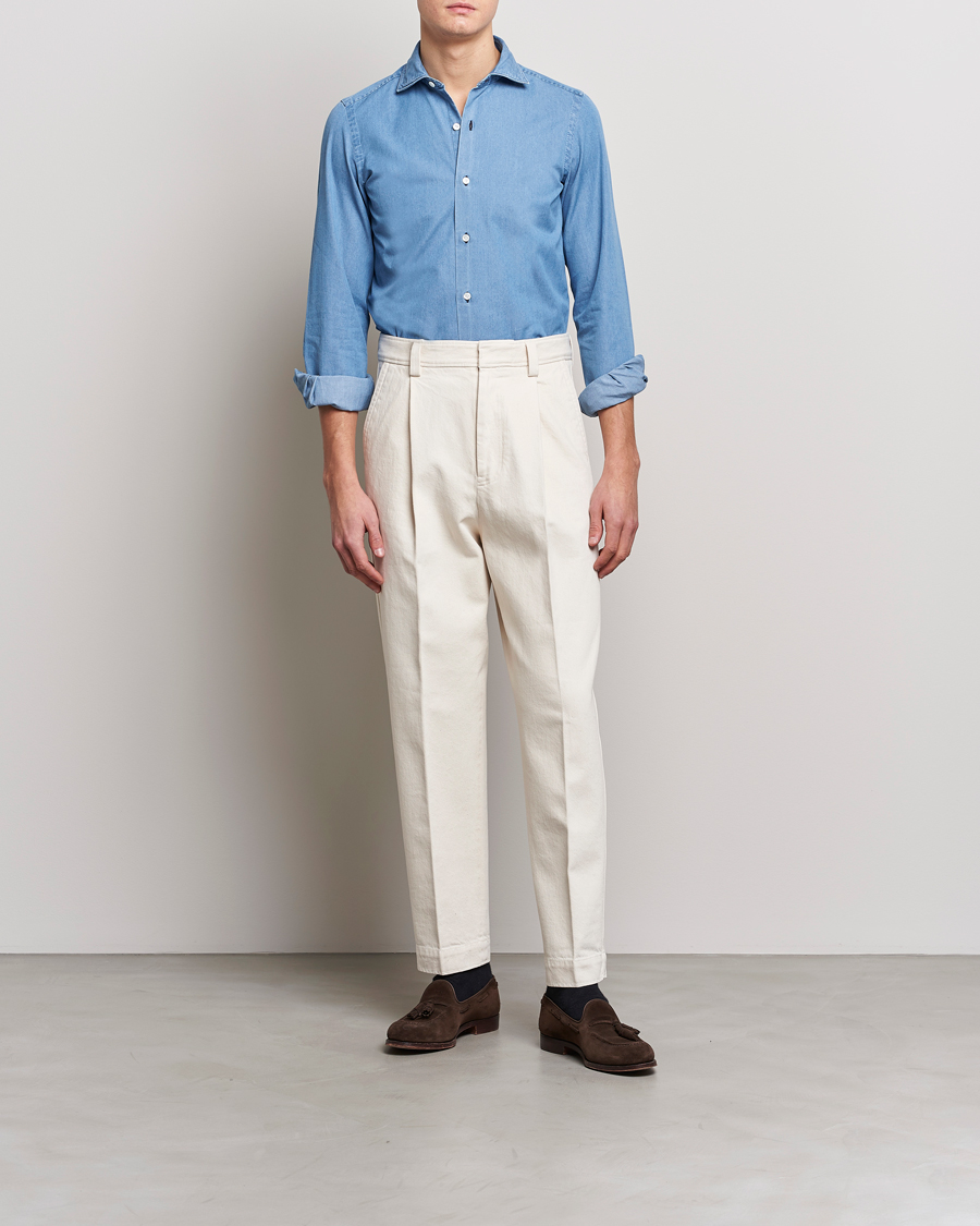 Uomini | Camicie | Finamore Napoli | Milano Slim Denim Shirt Light Indigo