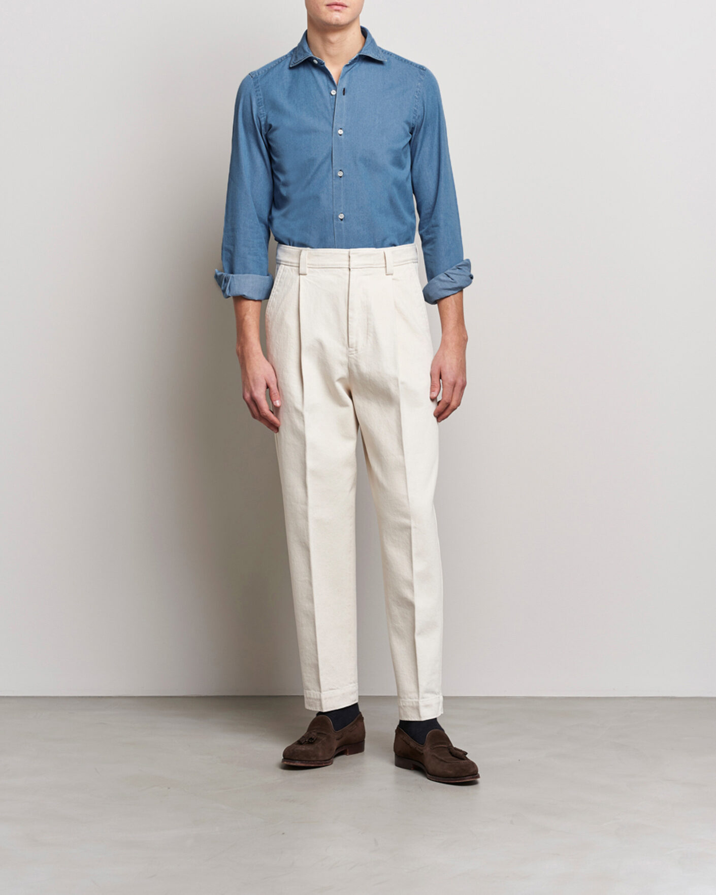 Uomini | Camicie | Finamore Napoli | Milano Slim Denim Shirt Light Indigo
