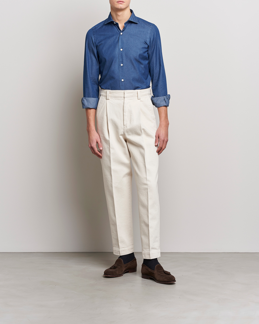 Uomini | Camicie | Finamore Napoli | Milano Slim Denim Shirt Dark Indigo