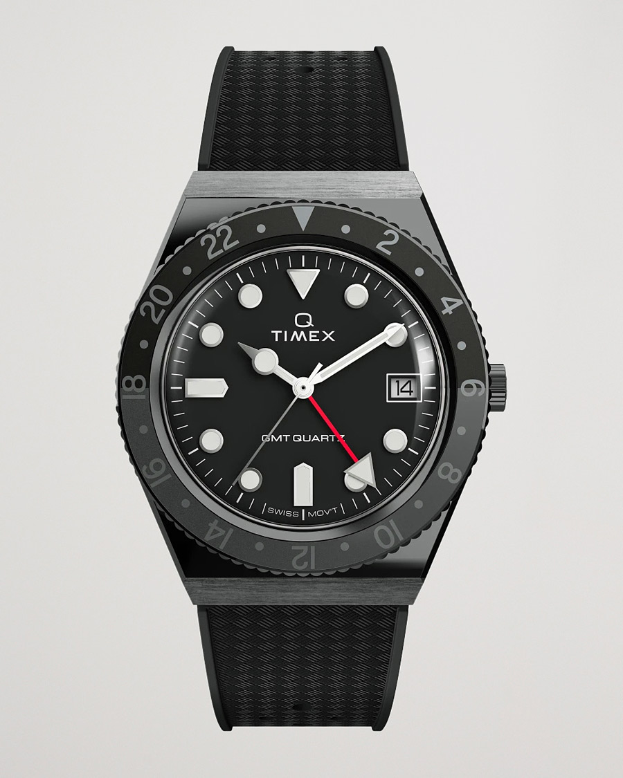 Uomini | Timex Q Diver GMT 38mm Rubber Strap Black/Grey | Timex | Q Diver GMT 38mm Rubber Strap Black/Grey