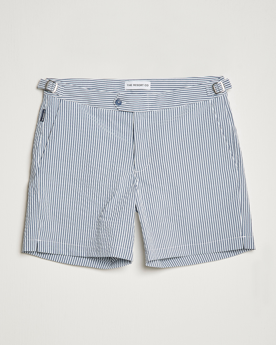 Uomini | Costumi da bagno | The Resort Co | Tailored Swim Shorts Navy Stripe Seersucker