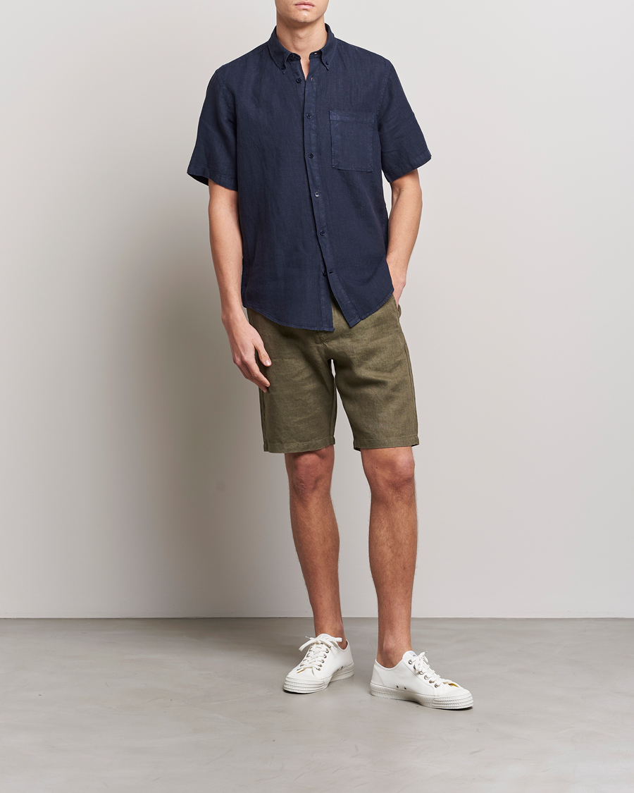 Uomini | Camicie | NN07 | Arne Linen Short Sleeve Shirt Navy