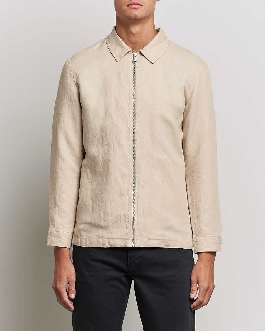 Uomini | Camicie | J.Lindeberg | Jason Zip Linen Shirt Jacket Safari Beige