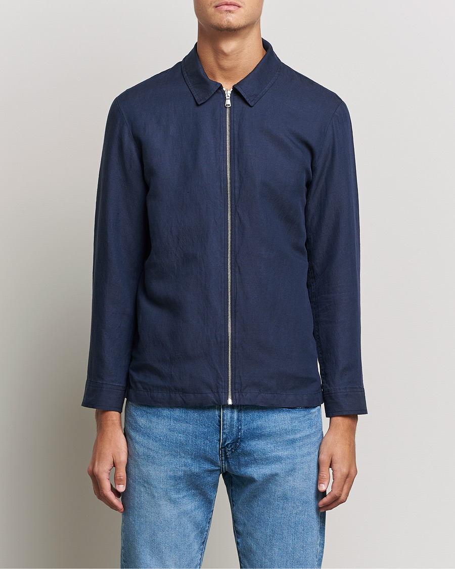 Uomini | Giacche | J.Lindeberg | Jason Zip Linen Shirt Jacket Navy