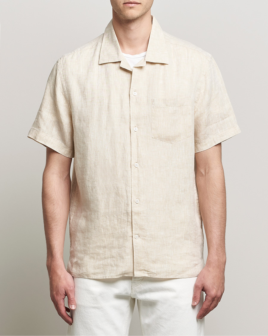 Uomini | Camicie | J.Lindeberg | Linen Melange Short Sleeve Shirt Safari Beige
