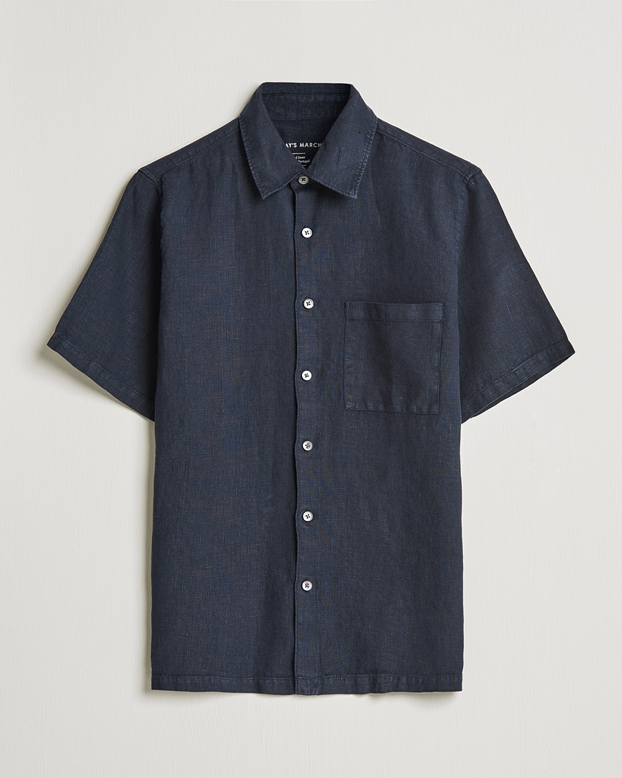 Uomini | Camicie | A Day's March | Khito Short Sleeve Linen Shirt Dark Navy