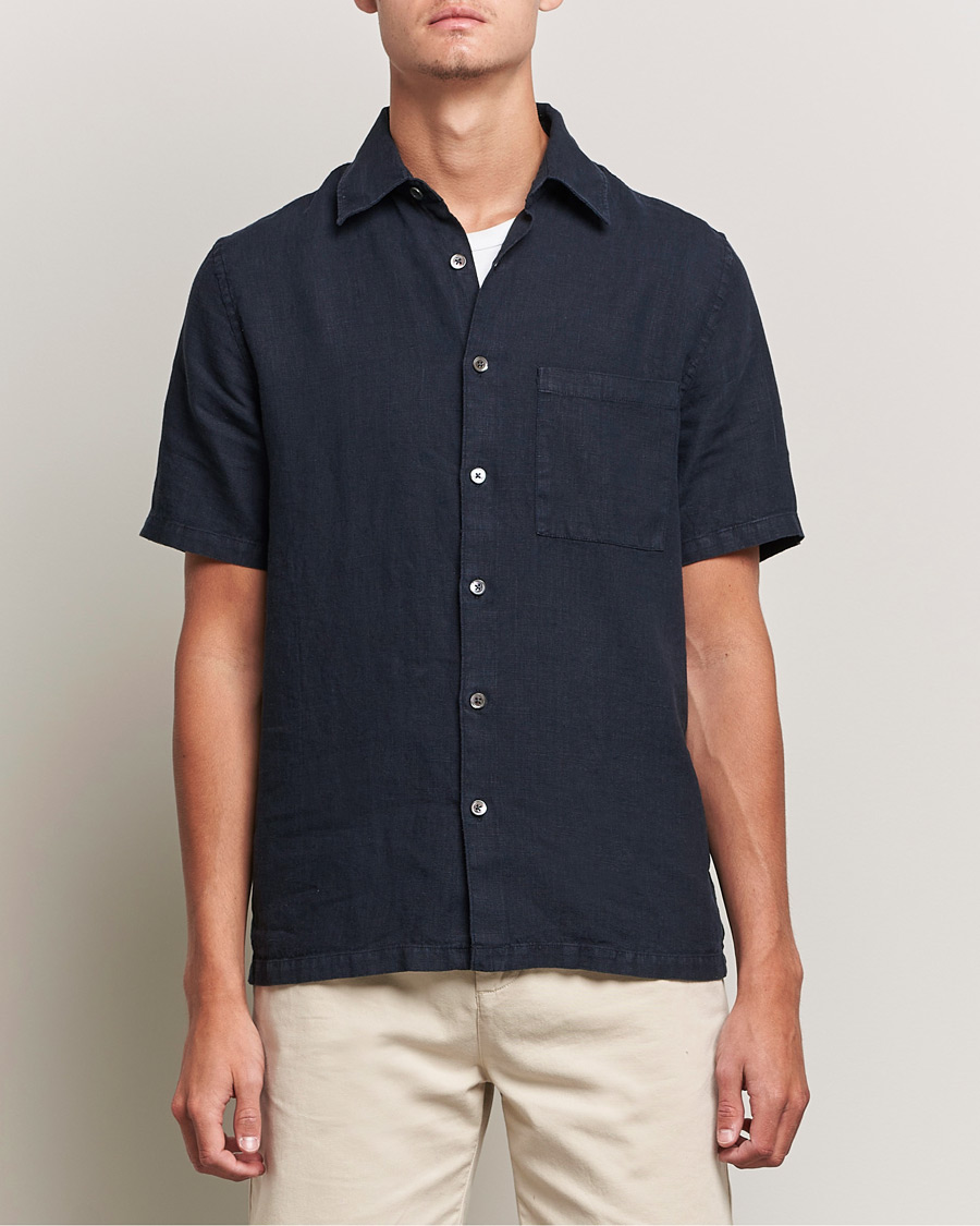 Uomini | Camicie | A Day's March | Khito Short Sleeve Linen Shirt Dark Navy