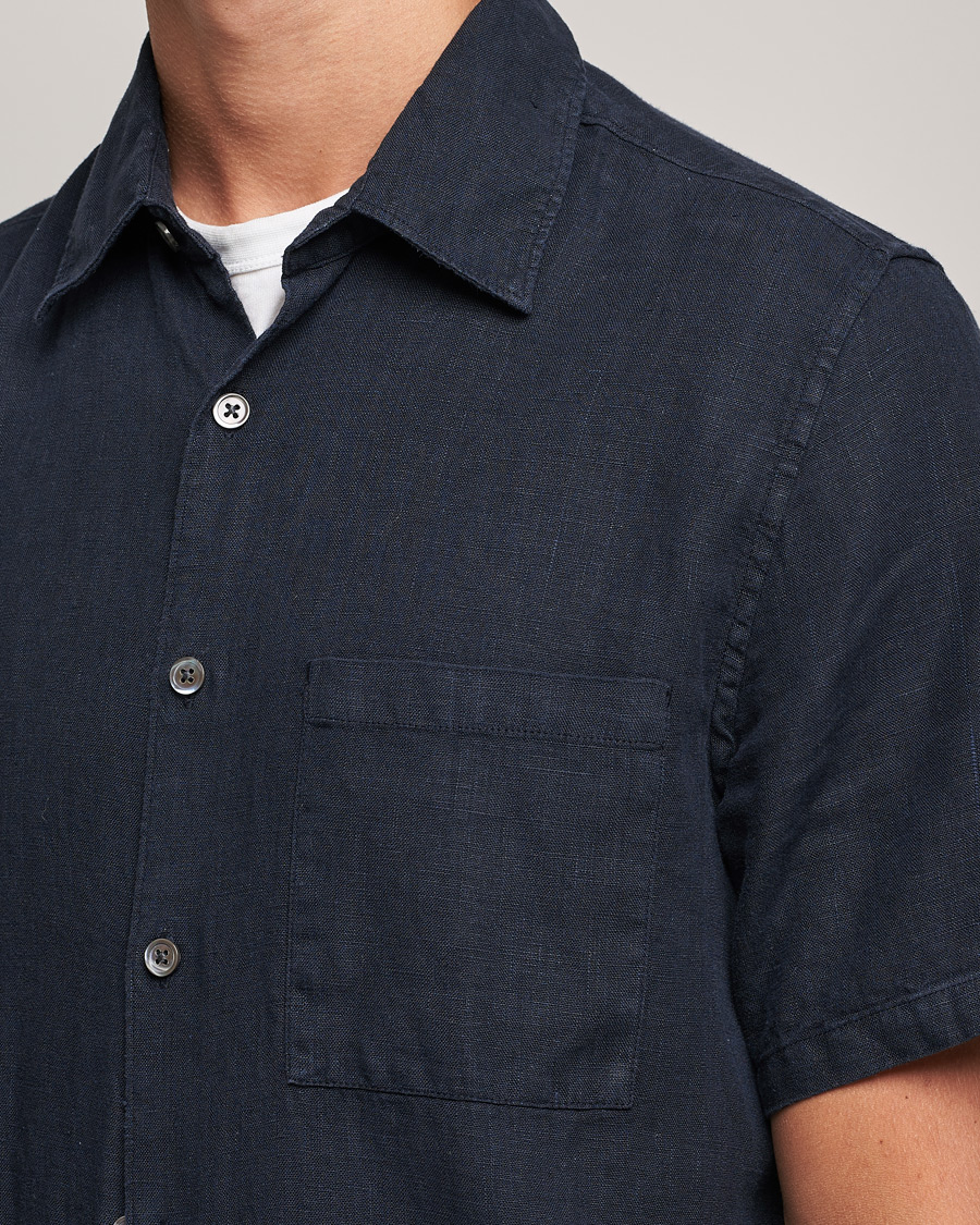 Uomini | Camicie | A Day's March | Khito Short Sleeve Linen Shirt Dark Navy