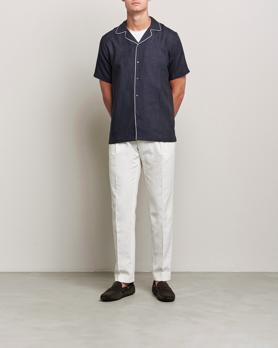 Uomini | Camicie | Orlebar Brown | Hibbert Short Sleeve Linen Shirt Navy