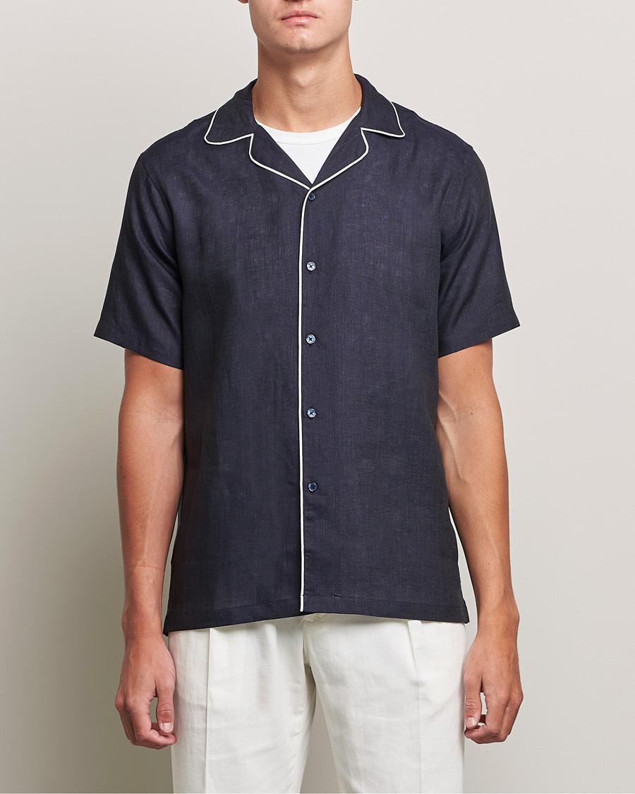 Uomini | Camicie | Orlebar Brown | Hibbert Short Sleeve Linen Shirt Navy