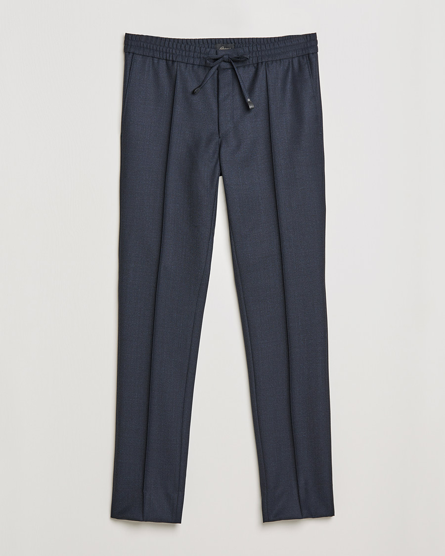 Uomini | Pantaloni | Brioni | Sharkskin Wool Drawstring Trousers Navy