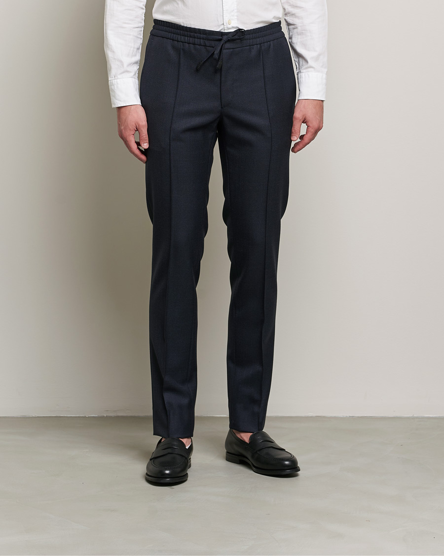 Uomini | Pantaloni | Brioni | Sharkskin Wool Drawstring Trousers Navy