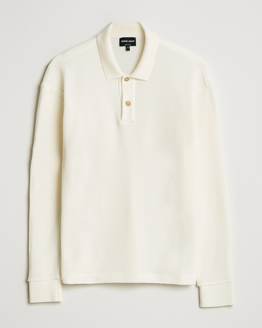 Uomini | Maglieria | Giorgio Armani | Wool Piquet Long Sleeve Polo Off White