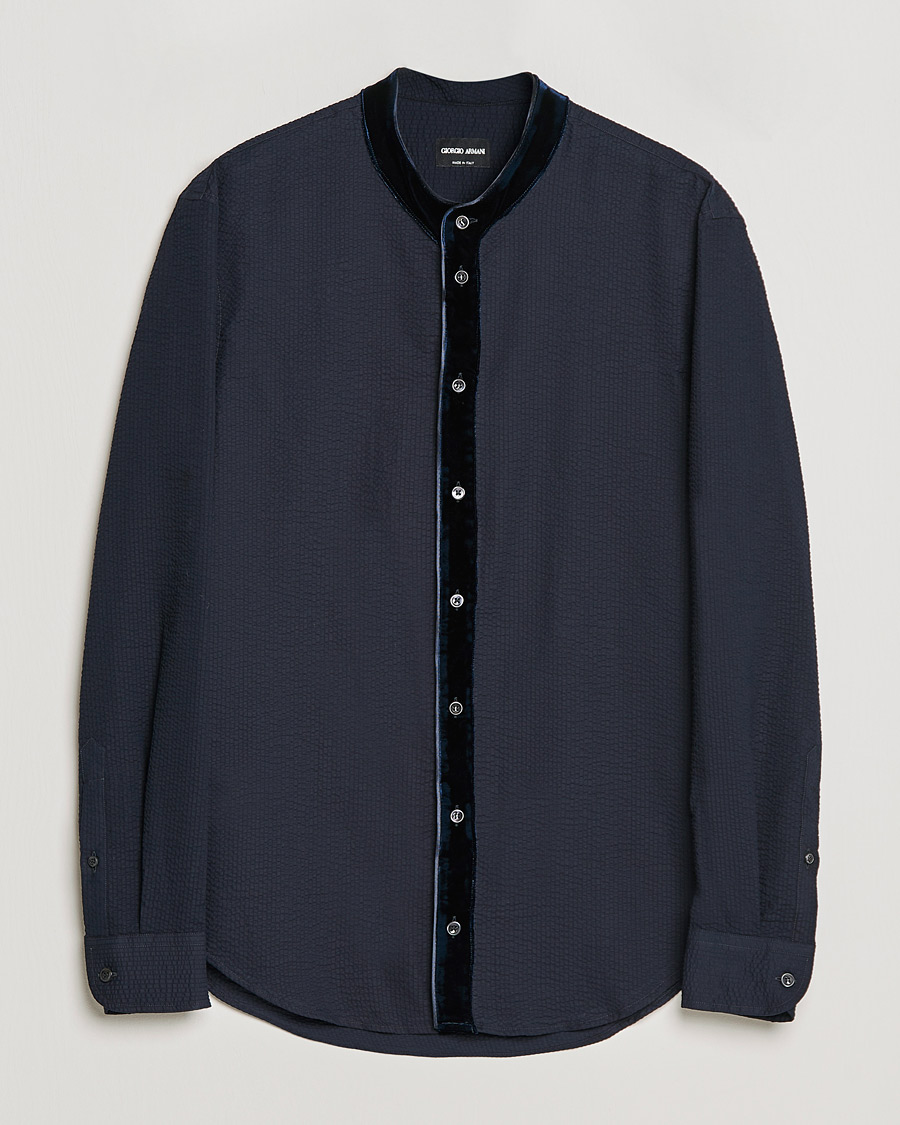 Uomini | Camicie | Giorgio Armani | Seersucker Velvet Guru Collar Shirt Navy