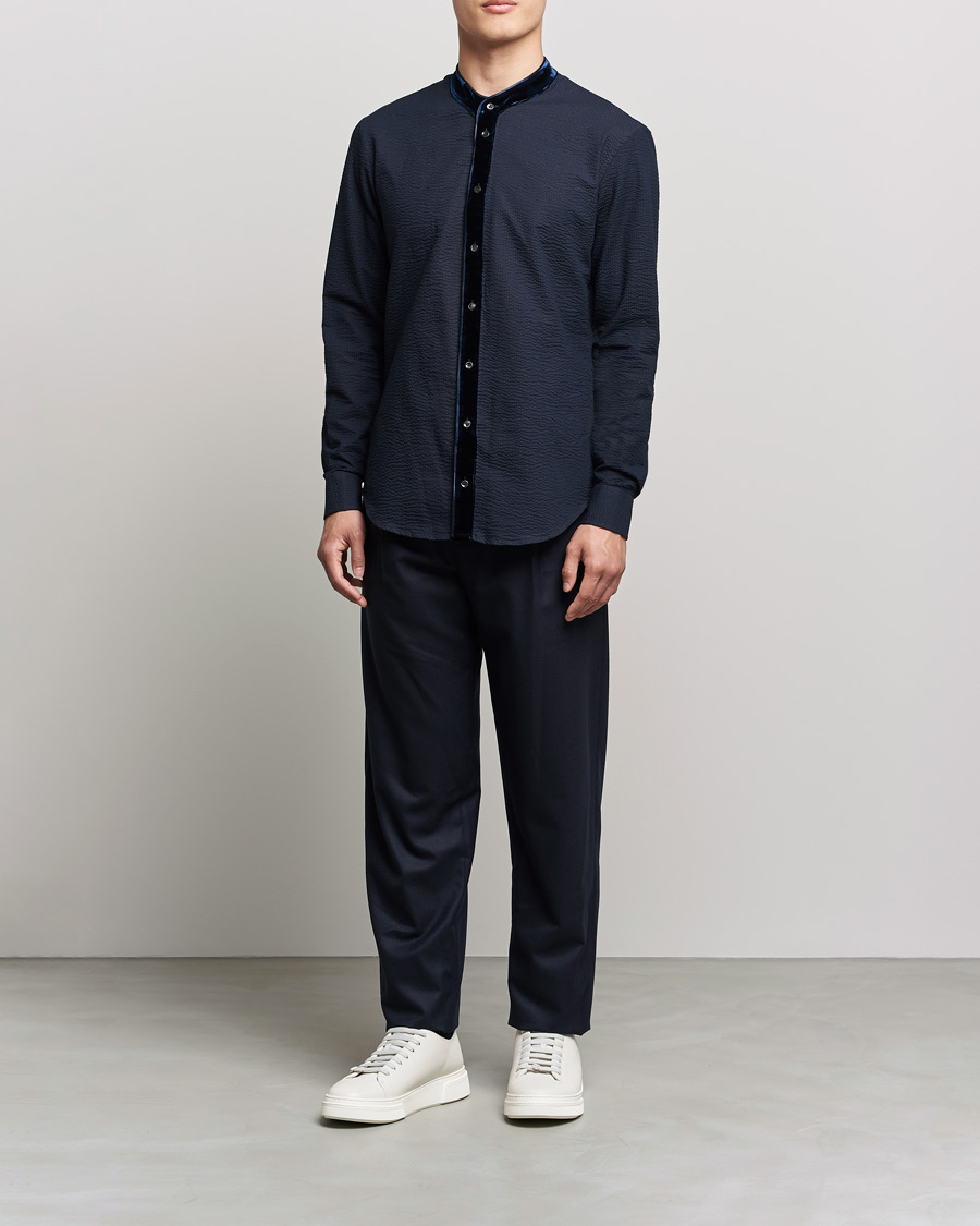 Uomini | Camicie | Giorgio Armani | Seersucker Velvet Guru Collar Shirt Navy