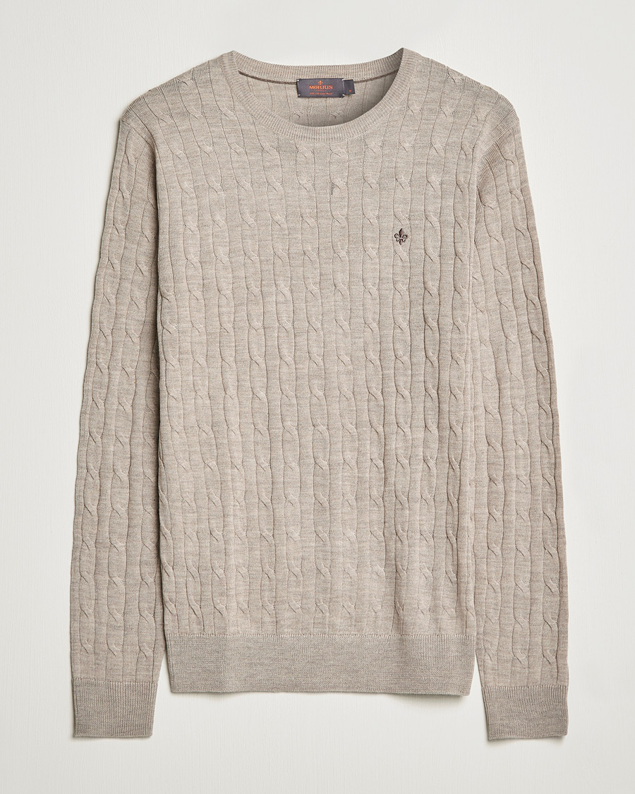 Uomini | Maglieria | Morris | Merino Cable Crew Neck Khaki Melange