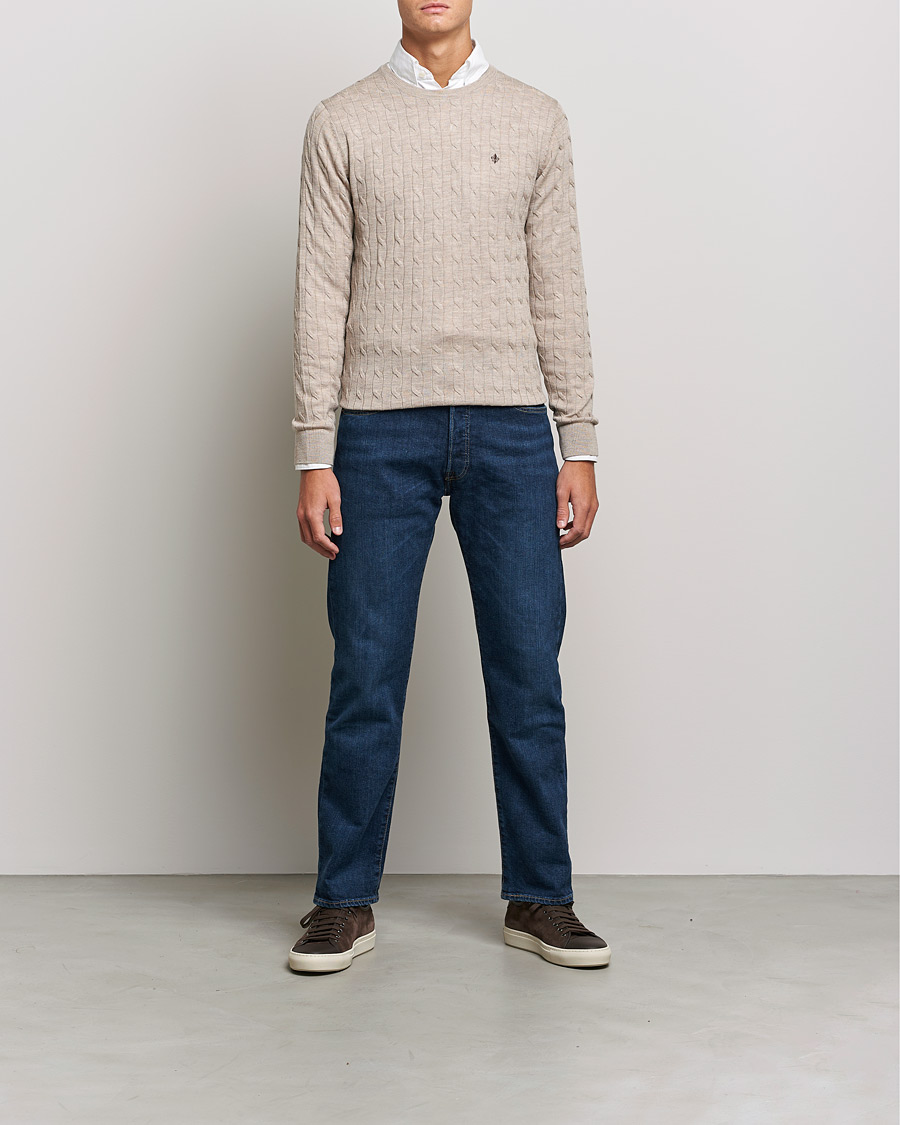 Uomini | Maglieria | Morris | Merino Cable Crew Neck Khaki Melange