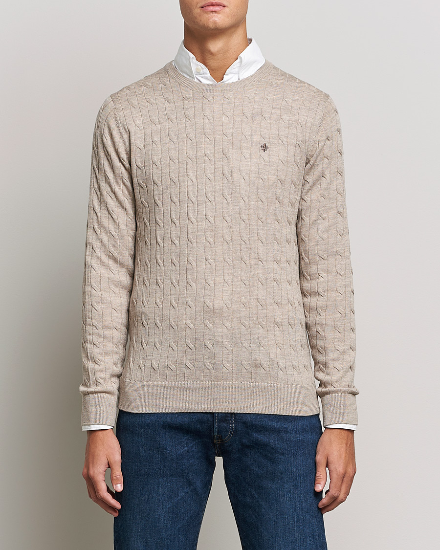 Uomini | Maglieria | Morris | Merino Cable Crew Neck Khaki Melange