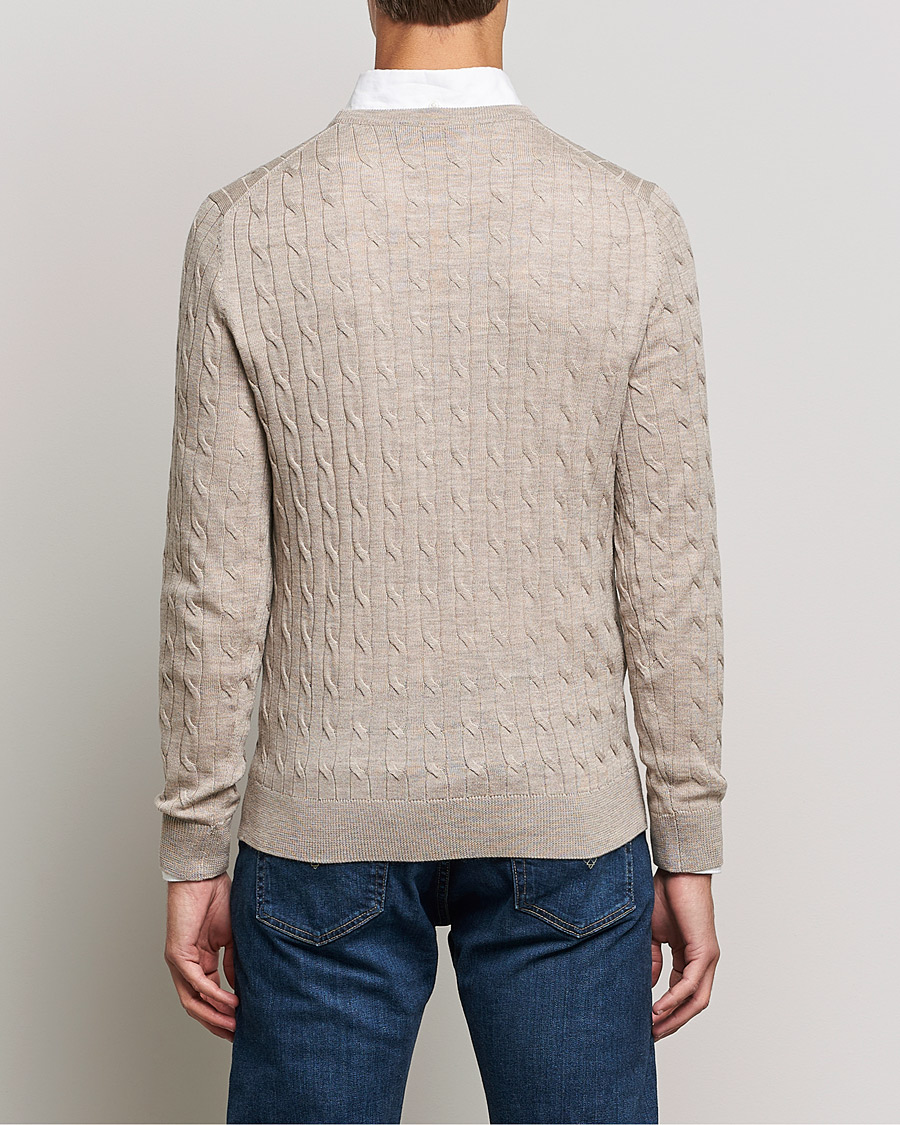 Uomini | Maglieria | Morris | Merino Cable Crew Neck Khaki Melange