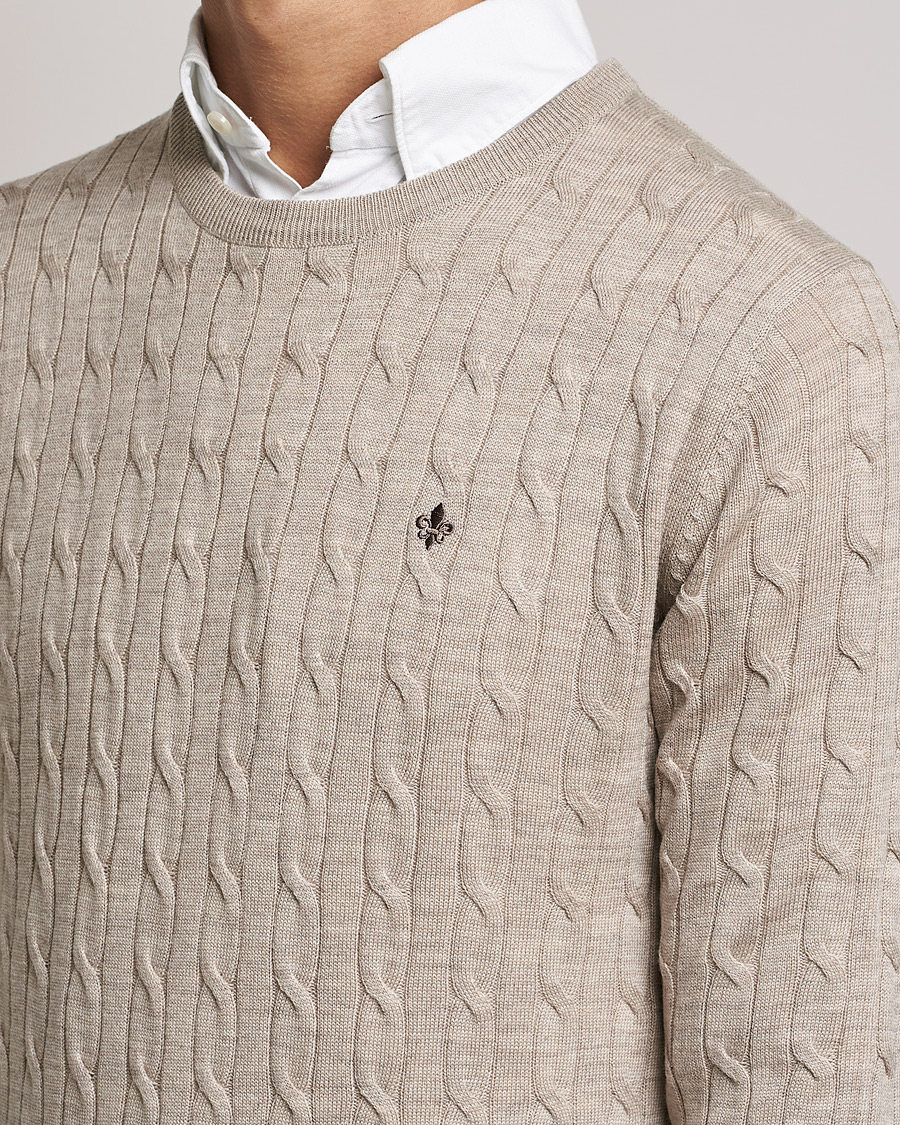 Uomini | Maglieria | Morris | Merino Cable Crew Neck Khaki Melange