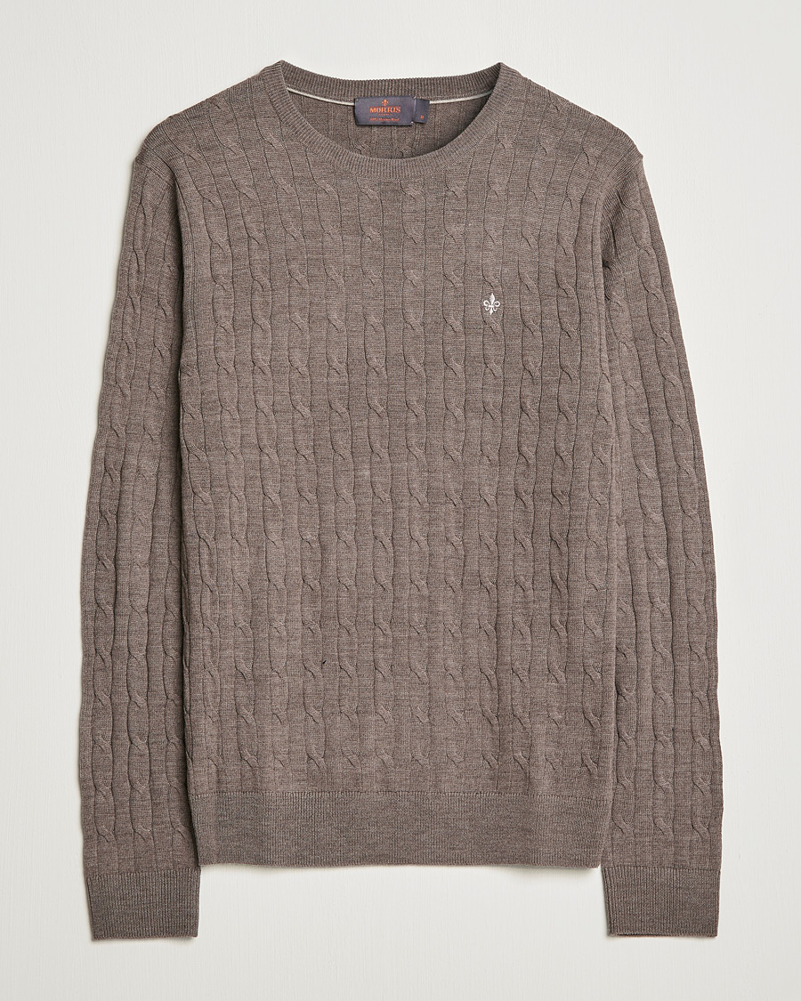 Uomini | Maglieria | Morris | Merino Cable Crew Neck Light Brown