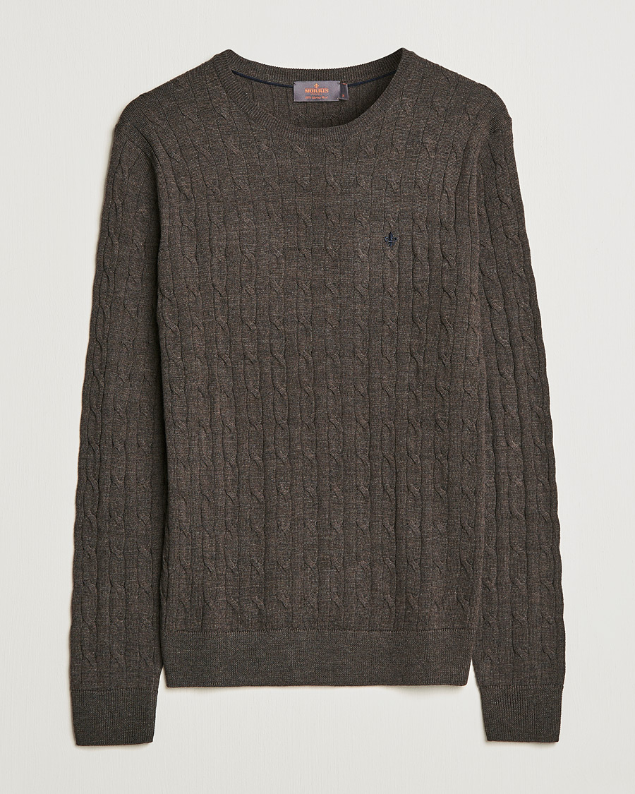 Uomini | Maglieria | Morris | Merino Cable Crew Neck Dark Brown