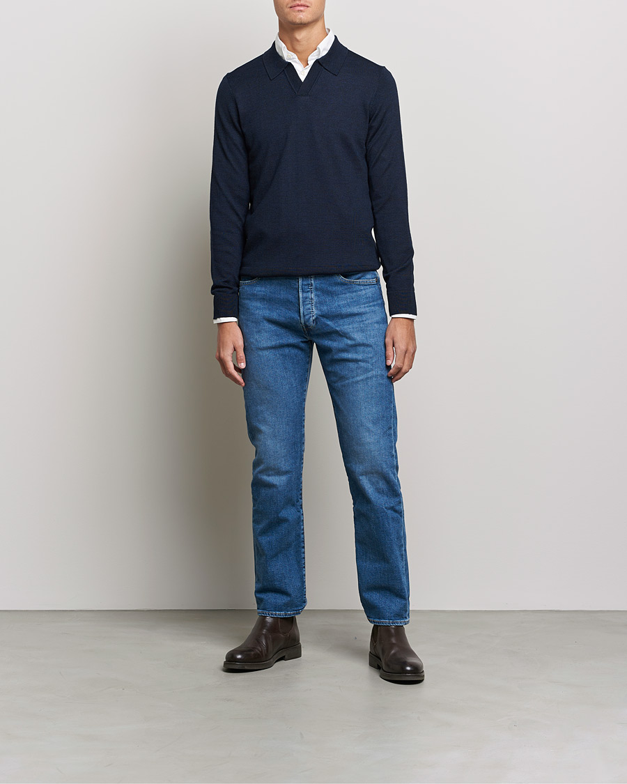Uomini | Maglieria | Morris | Delon Merino Knitted Polo Shirt Navy