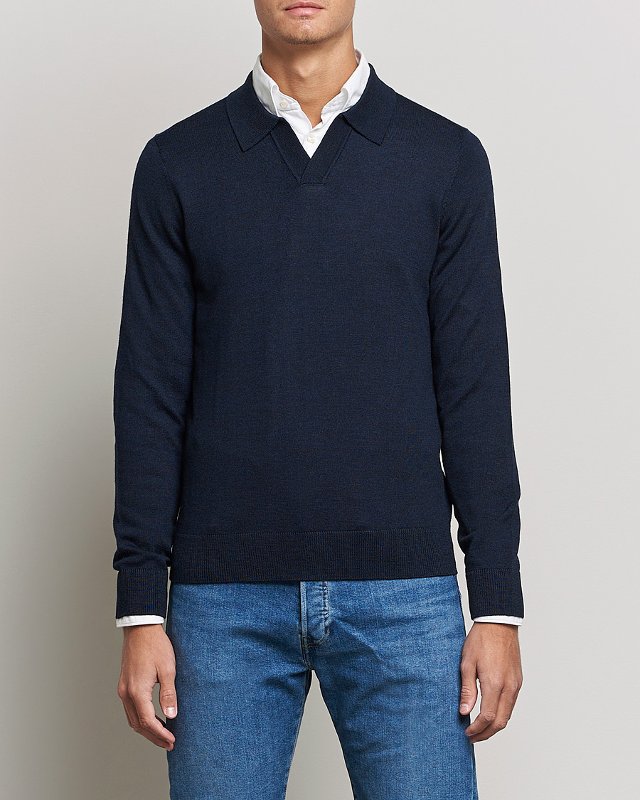 Uomini | Maglieria | Morris | Delon Merino Knitted Polo Shirt Navy