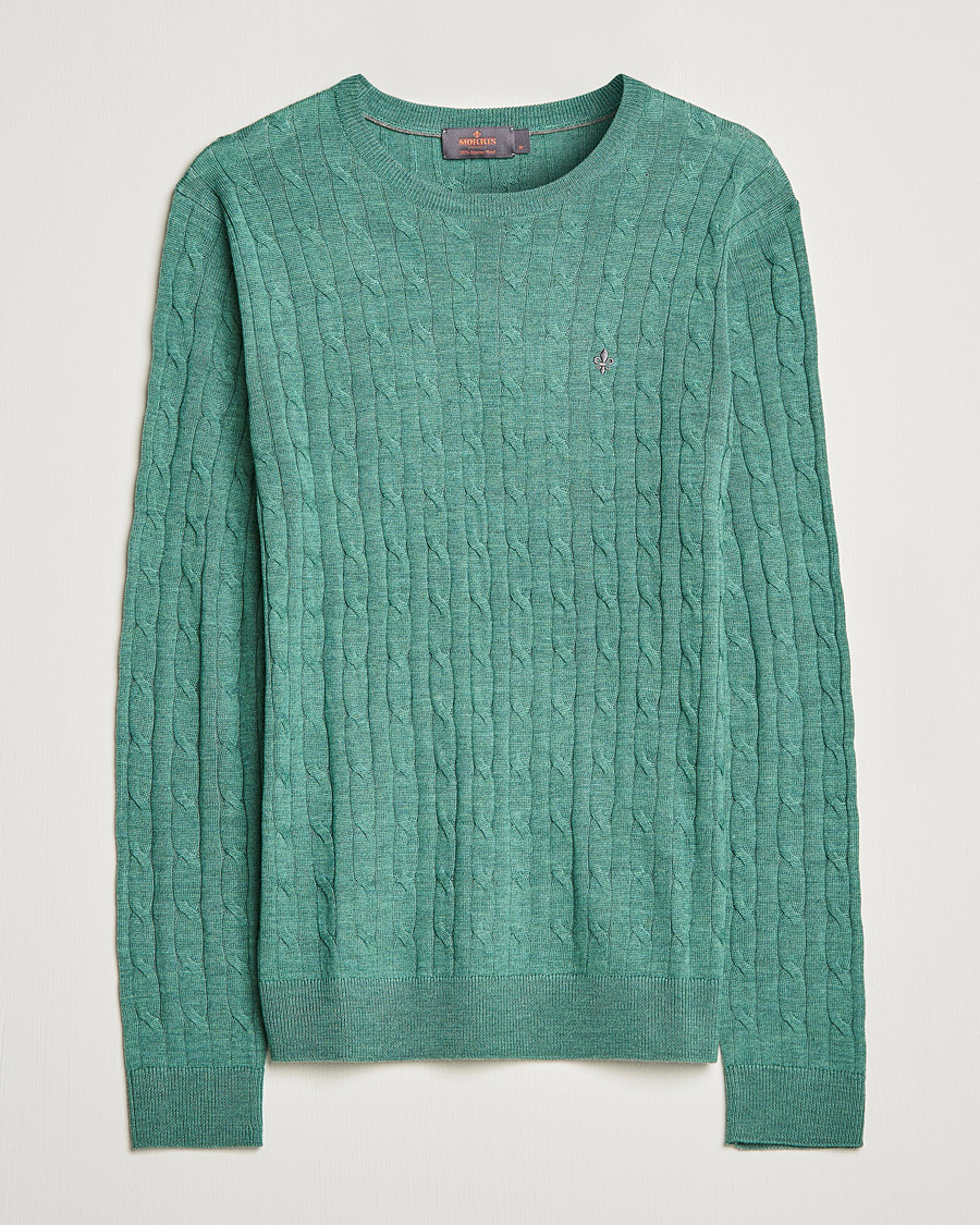 Uomini | Maglieria | Morris | Merino Cable Crew Neck Pullover Mineral Green