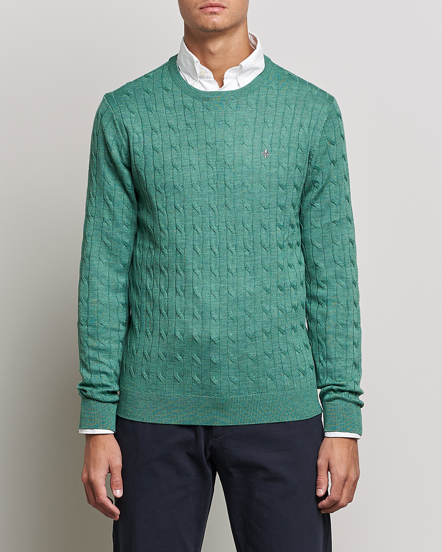 Uomini | Maglieria | Morris | Merino Cable Crew Neck Pullover Mineral Green