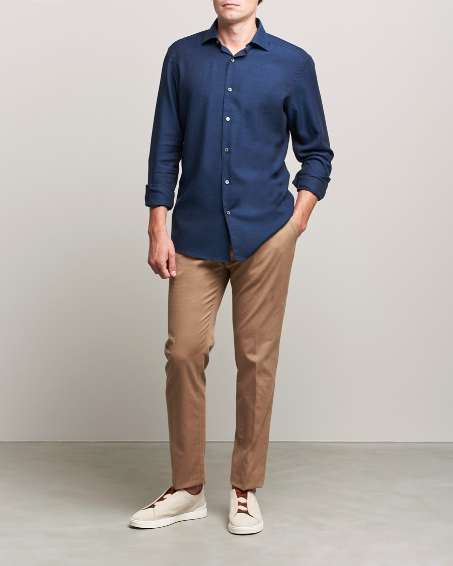 Uomini | Camicie | Zegna | Cotton/Cashmere Casual Shirt Dark Blue