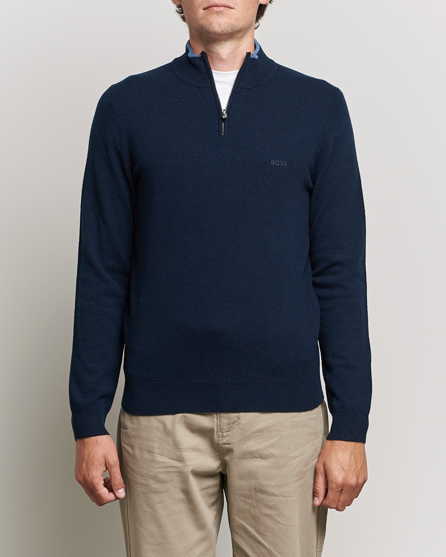 Uomini | Maglieria | BOSS BLACK | Barlo Lambswool Half Zip Dark Blue
