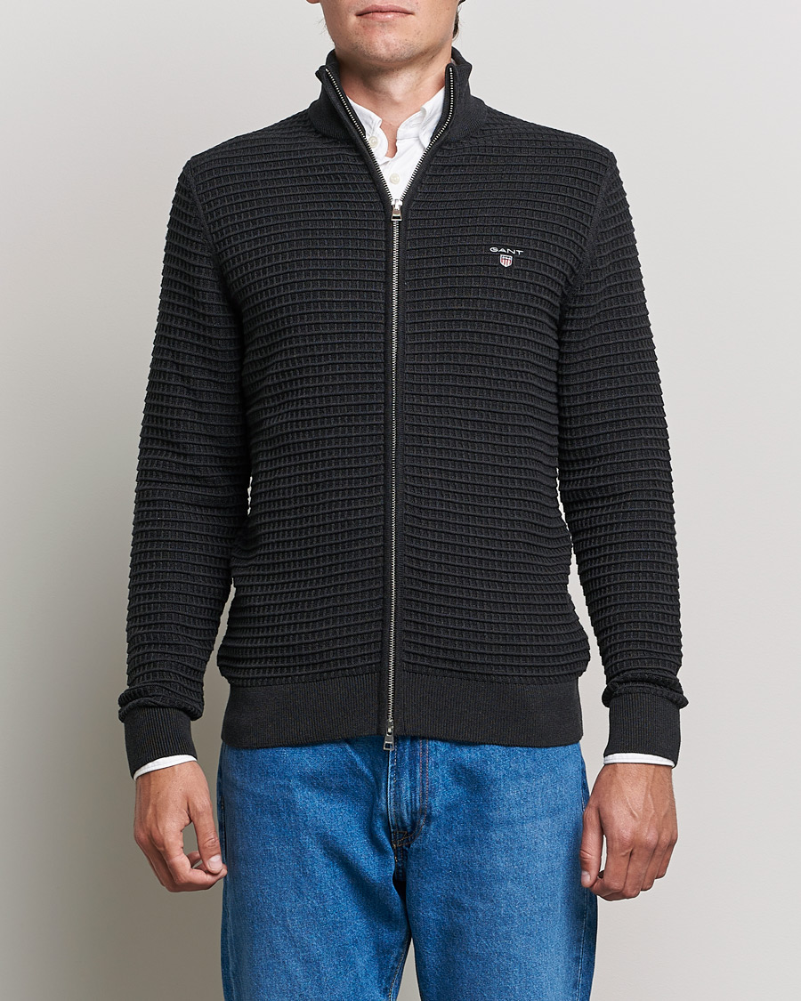 Uomini | Maglieria | Gant | Cotton Texture Full Zip Dark Charcoal Melange