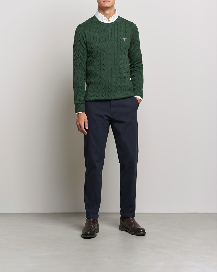 Uomini | Maglieria | GANT | Cotton Cable Crew Neck Pullover Storm Green
