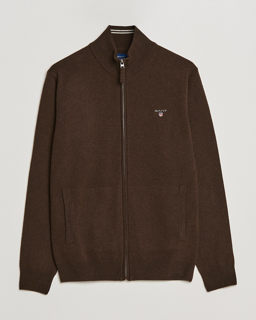 Uomini | Maglieria | GANT | Lambswool Full Zip Dark Brown Melange