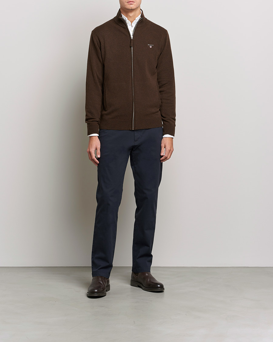 Uomini | Maglieria | GANT | Lambswool Full Zip Dark Brown Melange