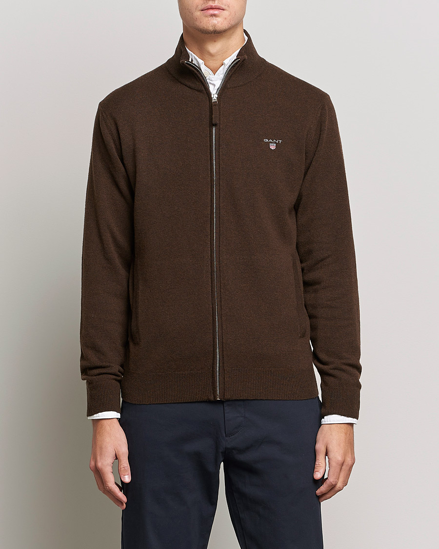 Uomini | Maglieria | GANT | Lambswool Full Zip Dark Brown Melange