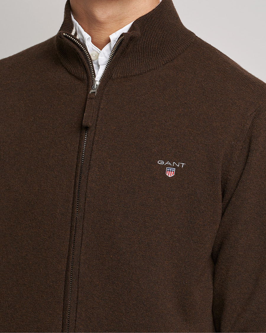 Uomini | Maglieria | GANT | Lambswool Full Zip Dark Brown Melange