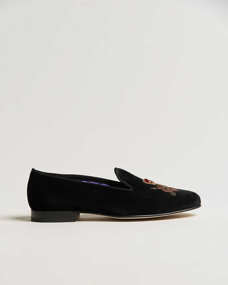 Uomini | Ralph Lauren Purple Label Velvet Embroidered Slippers Black | Ralph Lauren Purple Label | Velvet Embroidered Slippers Black