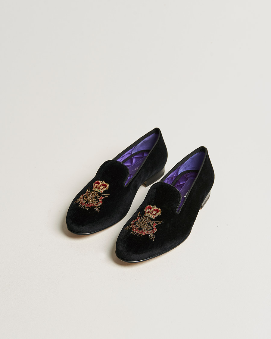 Uomini | Ralph Lauren Purple Label Velvet Embroidered Slippers Black | Ralph Lauren Purple Label | Velvet Embroidered Slippers Black